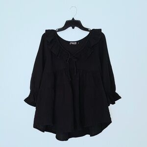 Zesica Black Ruffle Tie Front Peplum Top